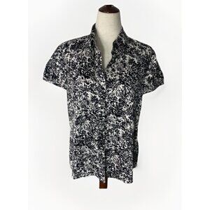 Ann Taylor Outlet Blouse Size 12 Button Up Black White Floral Puff Sleeve Top